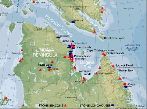 map of longhouse locations on the Ungava penninsula